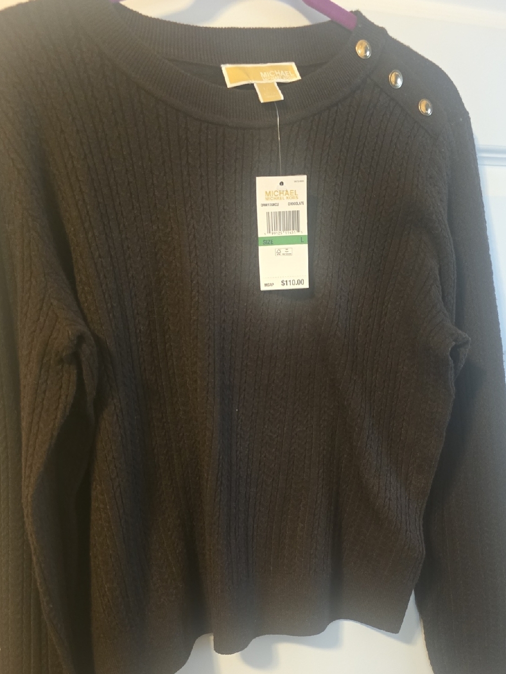 Michael Kors Women’s Black Ribbed Crewneck Sweater with Shoulder Buttons L NWT